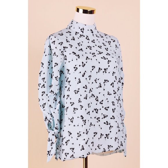 Sz 10 Paper London Baby Blue Cherries Silk Mock Neck Long Sleeve Blouse GUC - Picture 1 of 4
